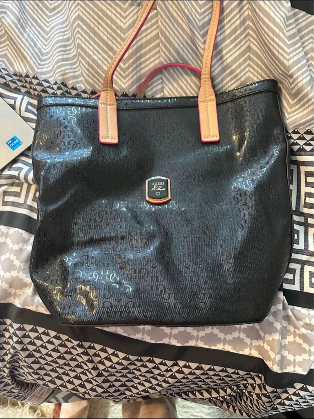 GUESS Black Tote with Tan Handles and Pink Trim used only once like new